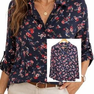Sara Studio Floral Blouse Navy Collared Button Front Office Top 1X